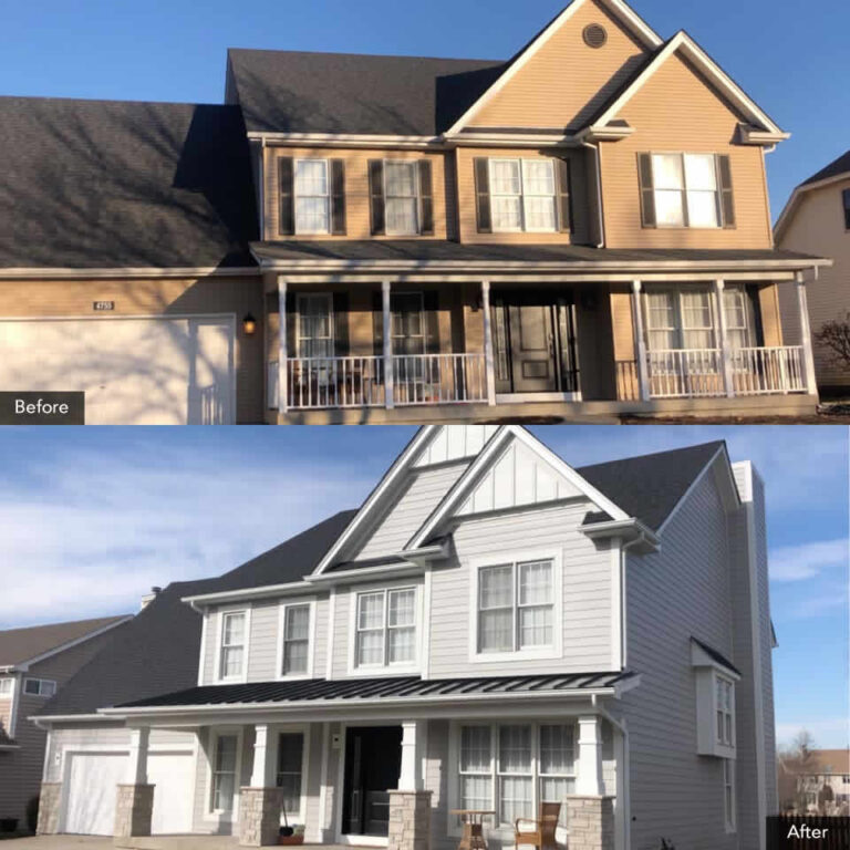 Mike West Construction's full remodel of roof/siding/fascia/soffit/gutters. New color scheme and new columns on the front porch for a beautiful curb appeal.